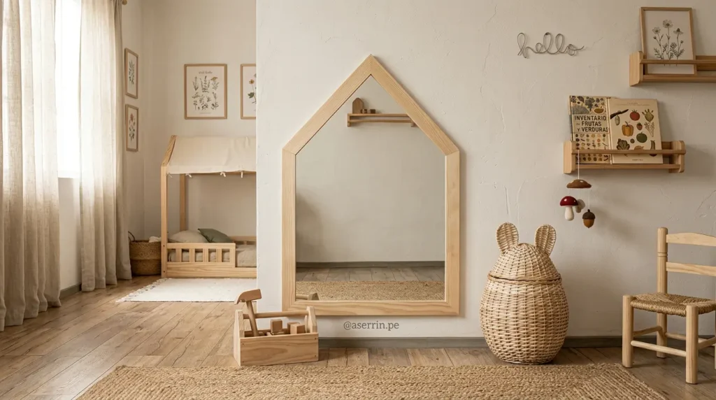 Habitación Montessori infantil con espejo en forma de casa de madera natural, cama baja tipo casita, muebles accesibles y decoración neutra que favorece autonomía y movimiento libre.
