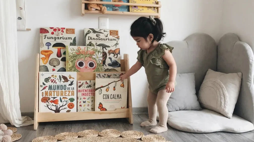 Niña pequeña eligiendo un libro en estantería Montessori de madera con libros accesibles en un rincón de lectura