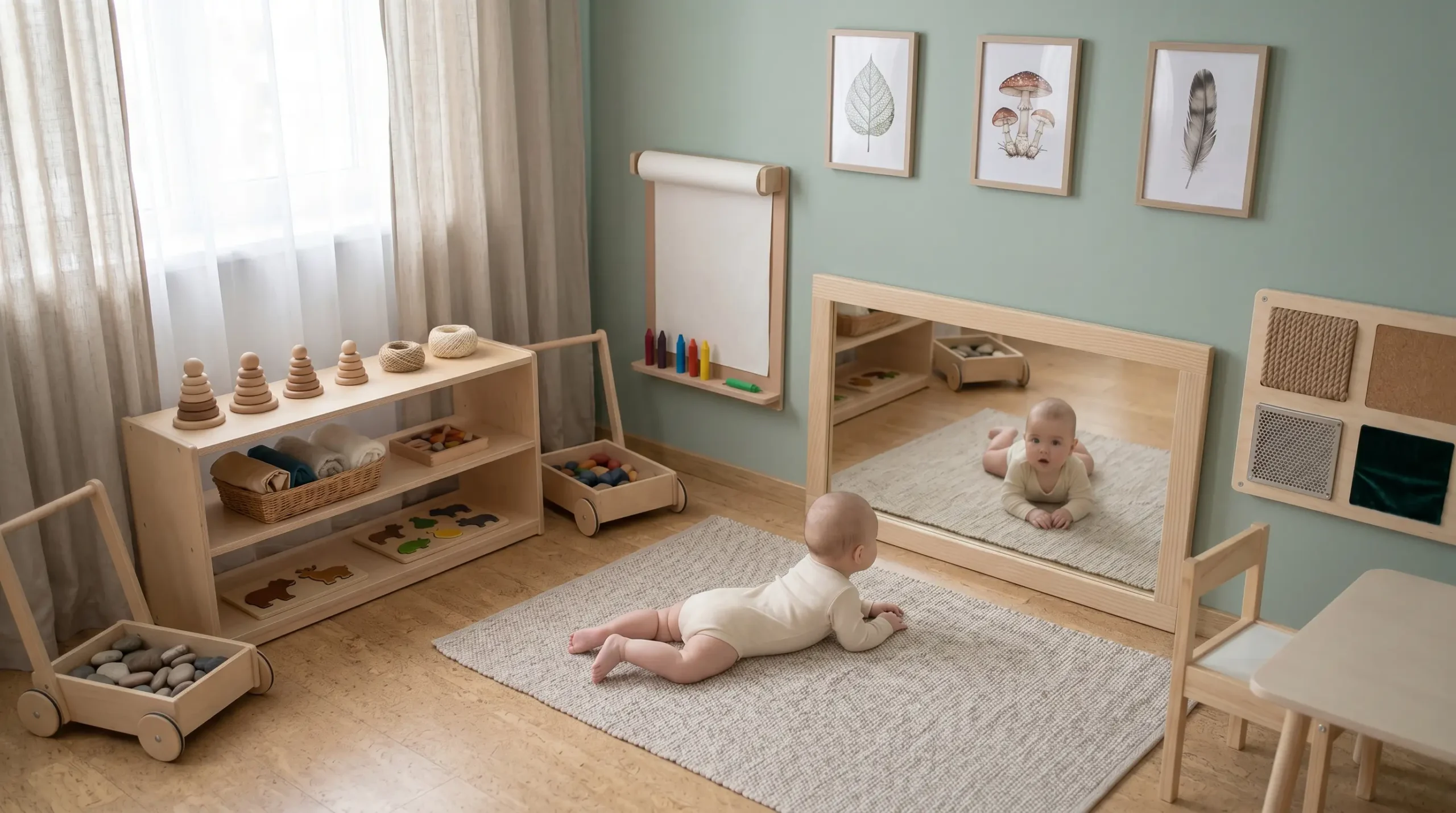 Bebé explorando habitación Montessori con espejo seguro de madera, juguetes accesibles y mobiliario infantil diseñado para estimular autonomía y desarrollo sensorial.