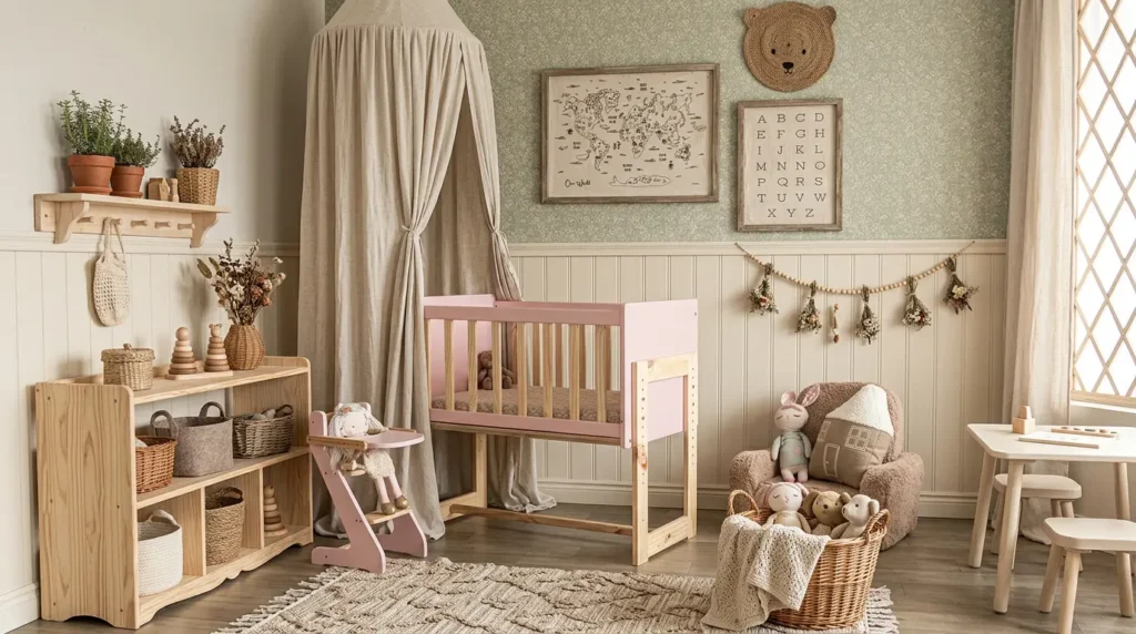 Habitación Montessori para bebé con cuna evolutiva rosa y madera natural, estantería baja, mesa infantil y decoración cálida inspirada en movimiento libre y autonomía temprana.