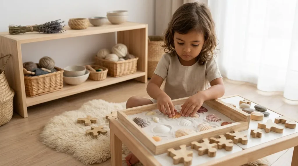 Niña pequeña explorando conchas y materiales sensoriales naturales en ambiente Montessori preparado desarrollando imaginación desde experiencias concretas y reales