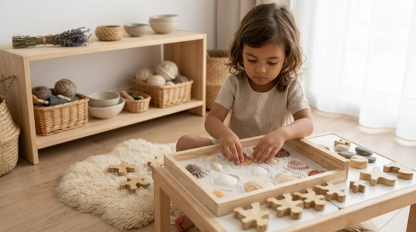 Niña pequeña explorando conchas y materiales sensoriales naturales en ambiente Montessori preparado desarrollando imaginación desde experiencias concretas y reales