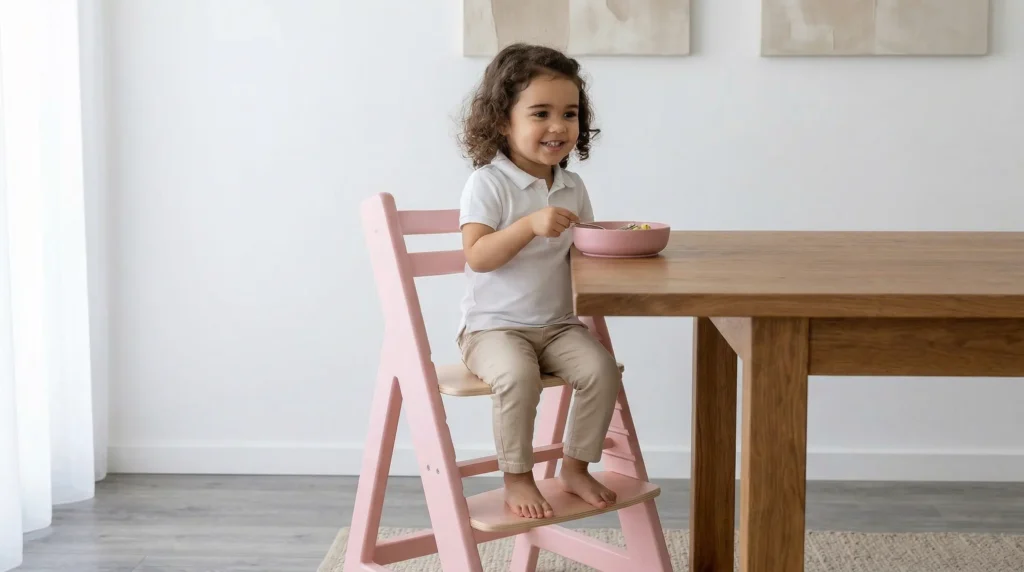 Niña pequeña sentada en una silla evolutiva de madera color rosa, comiendo de un cuenco sobre una mesa de madera en un ambiente luminoso y minimalista.