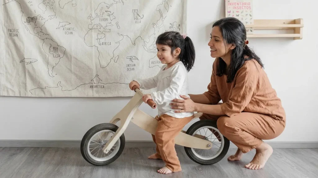 Niña pequeña usando una bicicleta de equilibrio de madera mientras su madre la acompaña y sonríe en un ambiente Montessori.