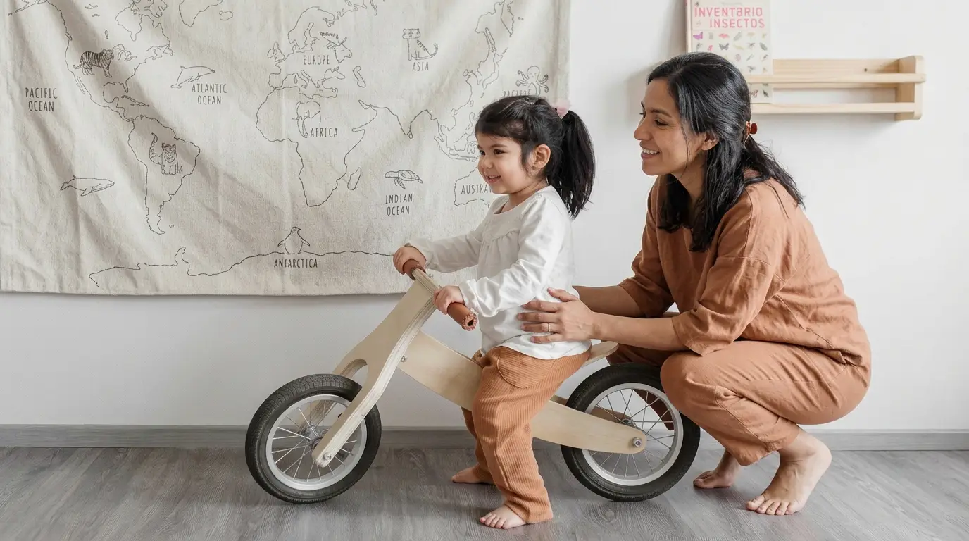 Niña pequeña usando una bicicleta de equilibrio de madera mientras su madre la acompaña y sonríe en un ambiente Montessori.