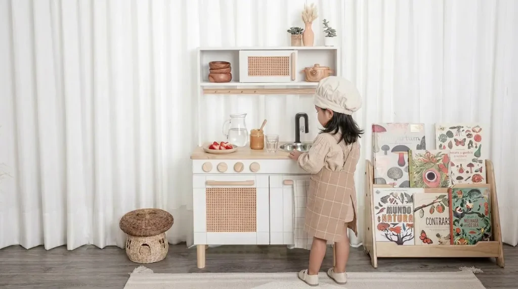 Niña pequeña jugando en una cocina Montessori de madera con fregadero, utensilios y estantería de libros infantiles accesible.