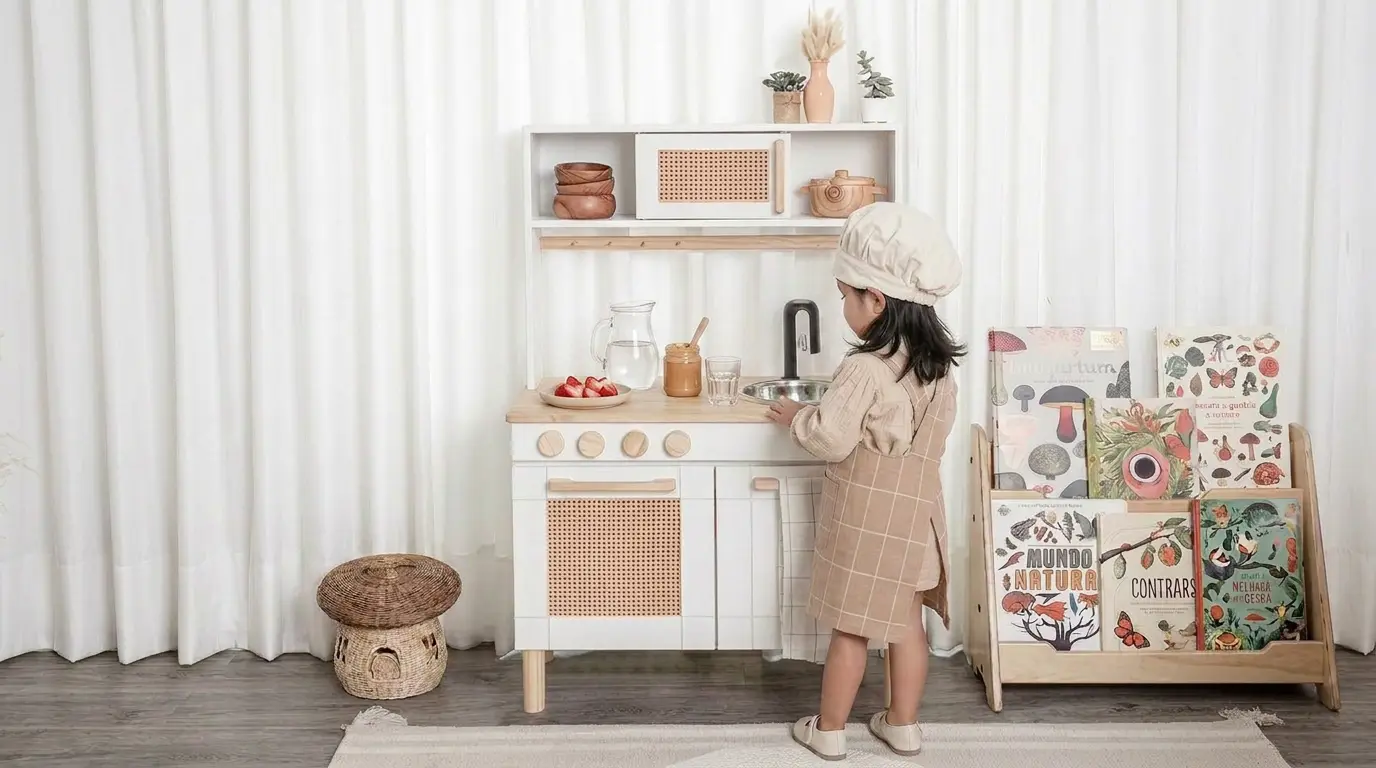 Niña pequeña jugando en una cocina Montessori de madera con fregadero, utensilios y estantería de libros infantiles accesible.