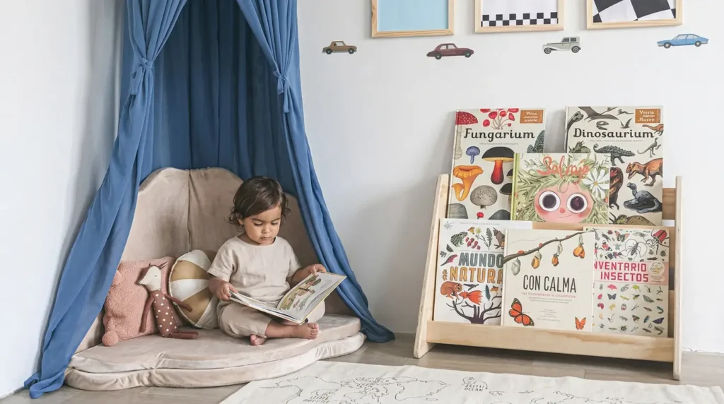Niño pequeño leyendo un libro en un rincón de lectura Montessori con dosel azul, cojines y estantería de libros infantiles accesible.