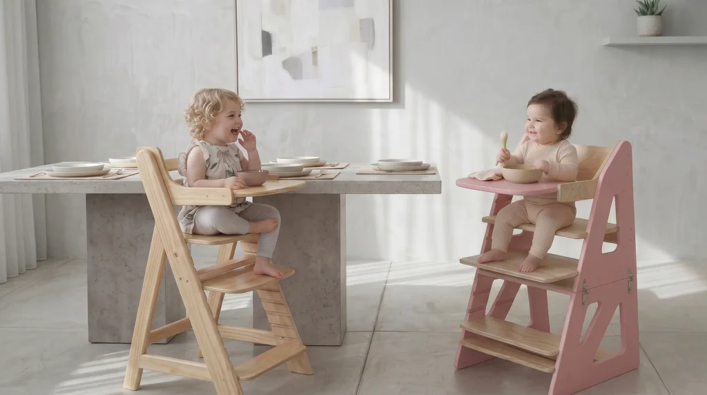 Niños usando las sillas altas evolutivas Montessori Haru y Emi de madera durante una comida familiar.